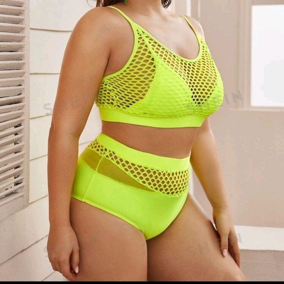 NWT Shein Swim Curve Plus Neon Yellow fishnet swim bathing suit “TOP ONLY” Sz 1X - Picture 4 of 11